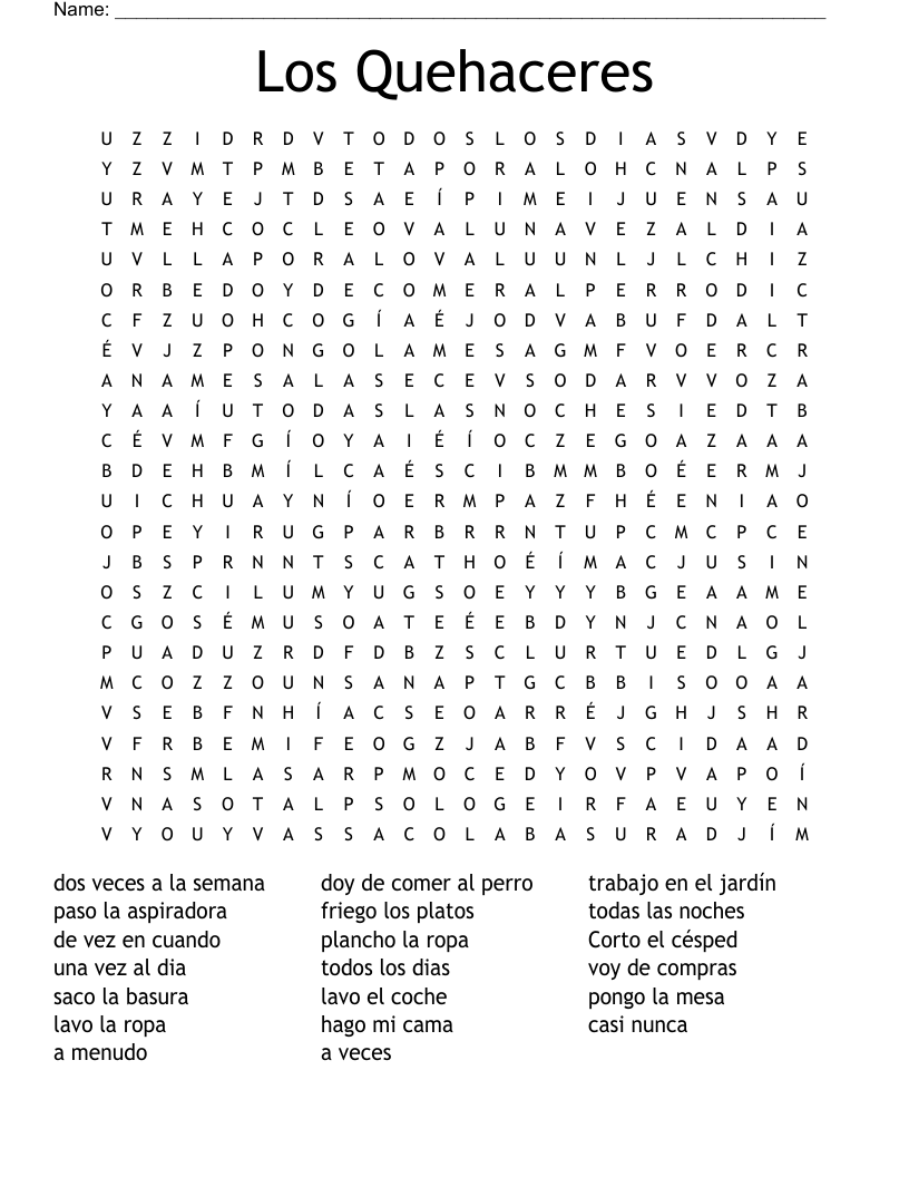 Los Quehaceres Word Search WordMint Los Quehaceres Word Search WordMint