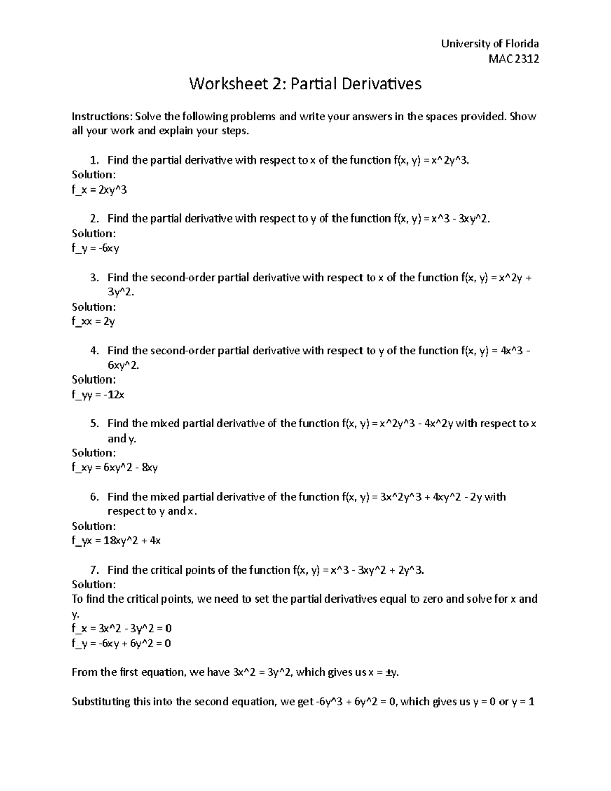 MAC 2312 Partial Derivative Worksheet And Solutions Studocu MAC 2312 Partial Derivative Worksheet And Solutions Studocu