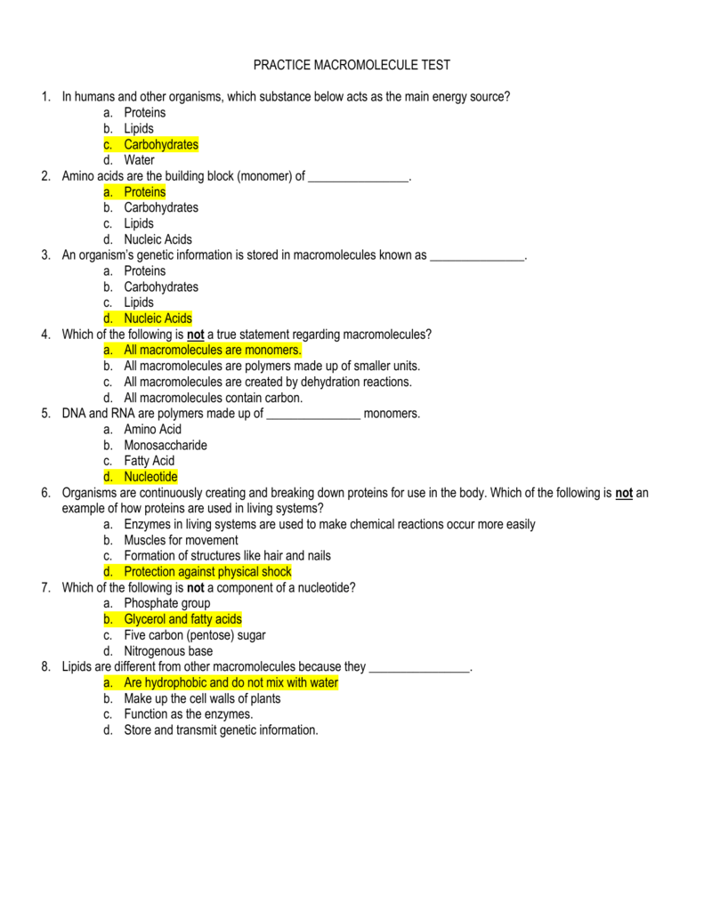 Macromolecules Practice Test Biology Review Macromolecules Practice Test Biology Review