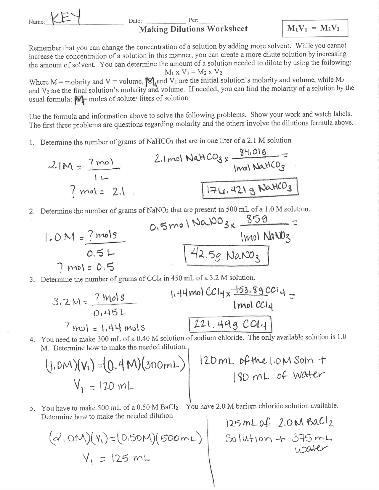 Making Dilutions Worksheet Answers Key Exercises Chemistry Docsity