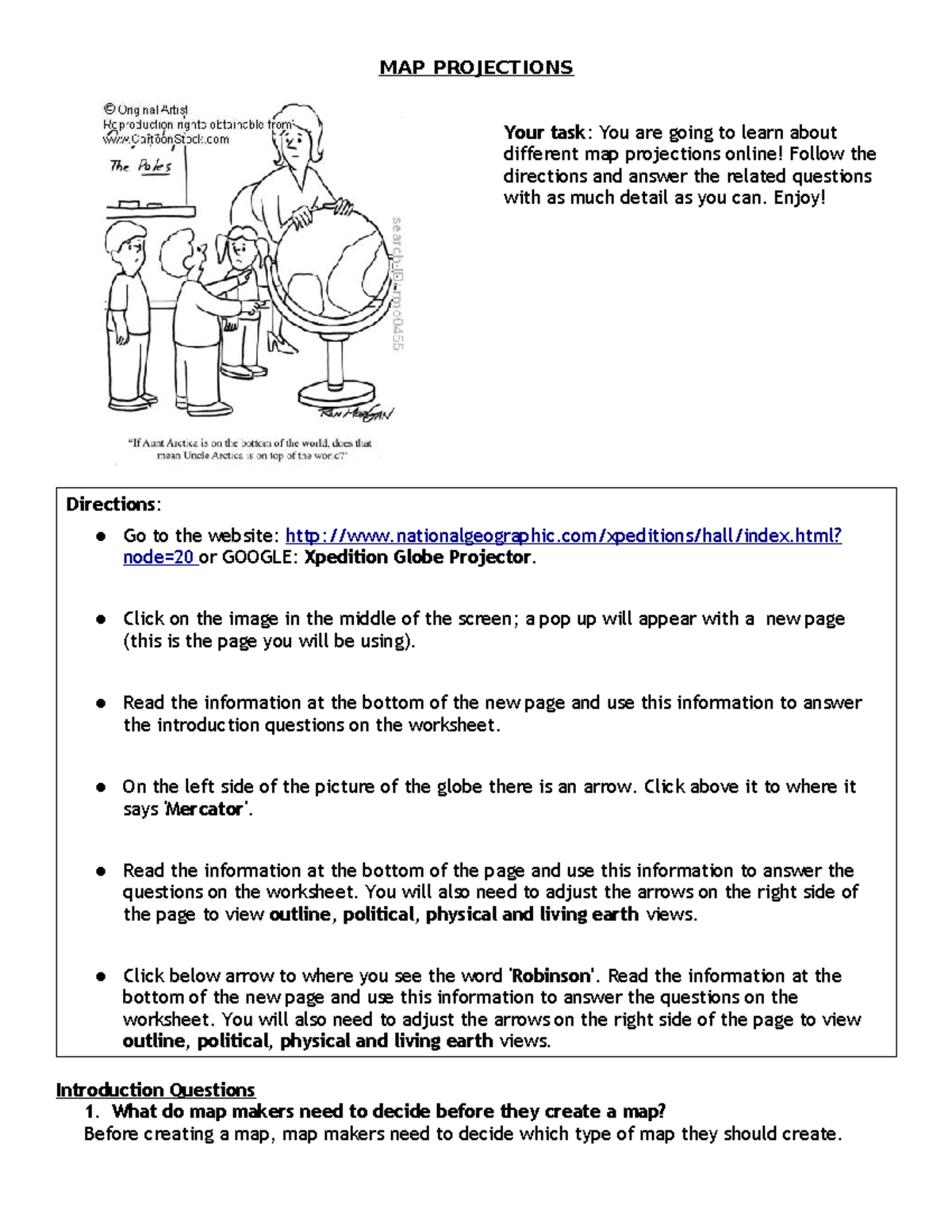 Map Projection Worksheet Exploring Mercator Robinson Types Studocu