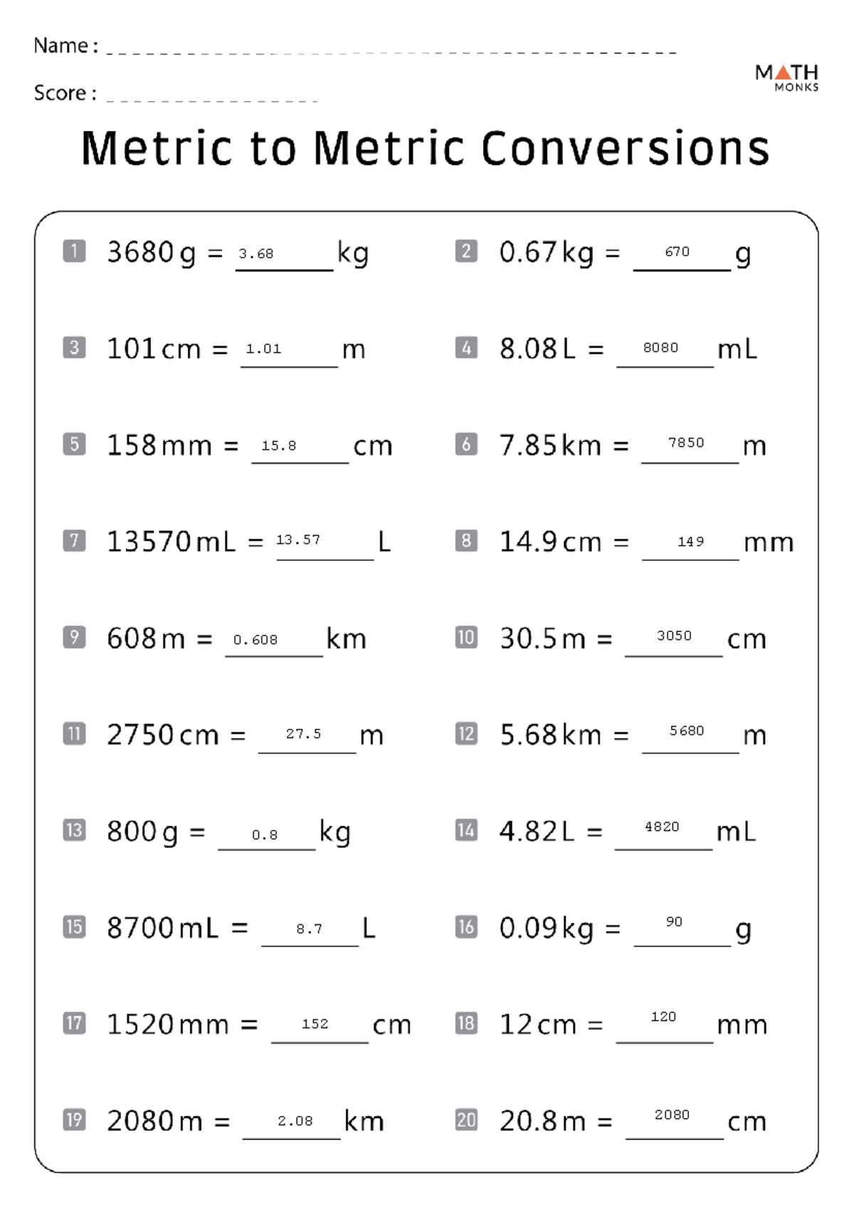 MATH 101 Metric to Metric Conversion Worksheet With Answers Studocu