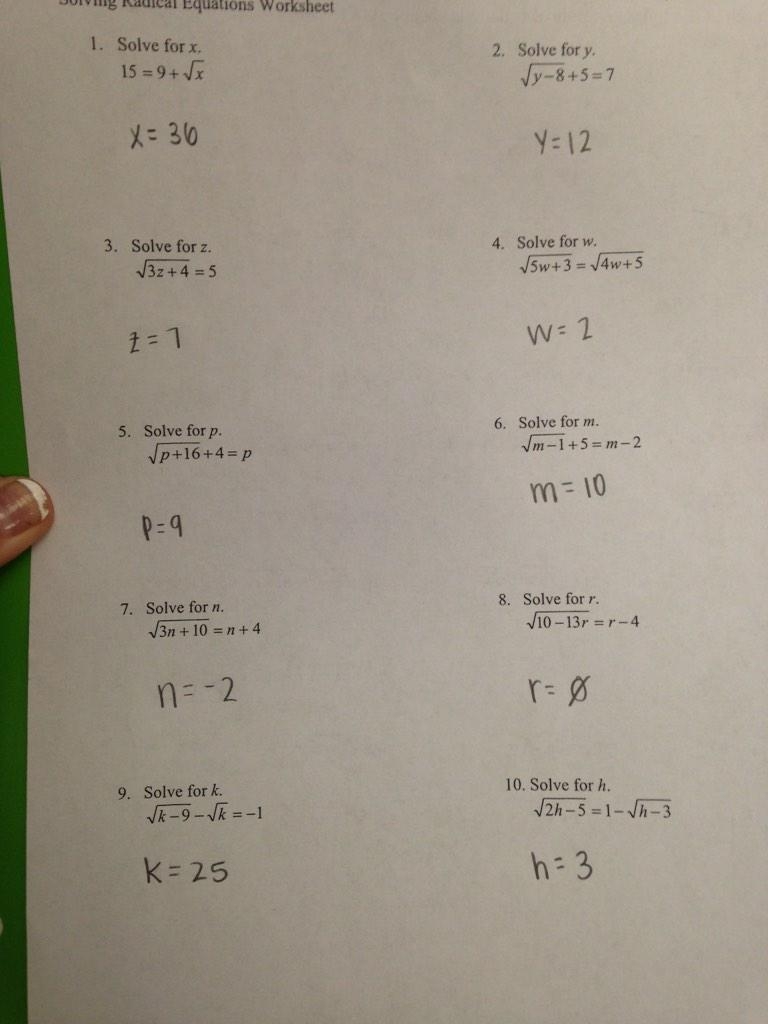 Math 154B Solving Radical Equations Worksheet