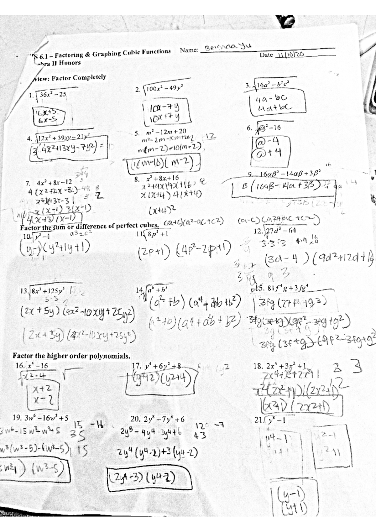 graphing cubic functions worksheet answer key