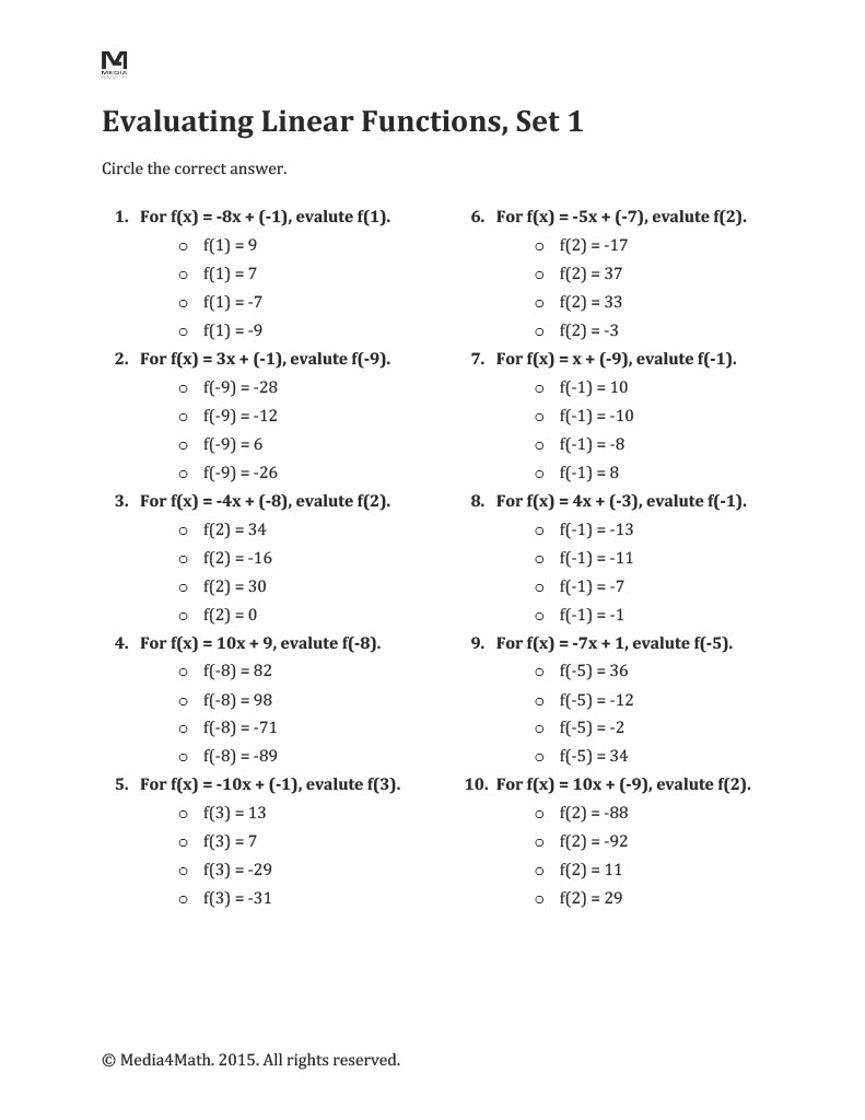 Math Worksheet Collection Evaluating Linear Functions Media4Math Math Worksheet Collection Evaluating Linear Functions Media4Math
