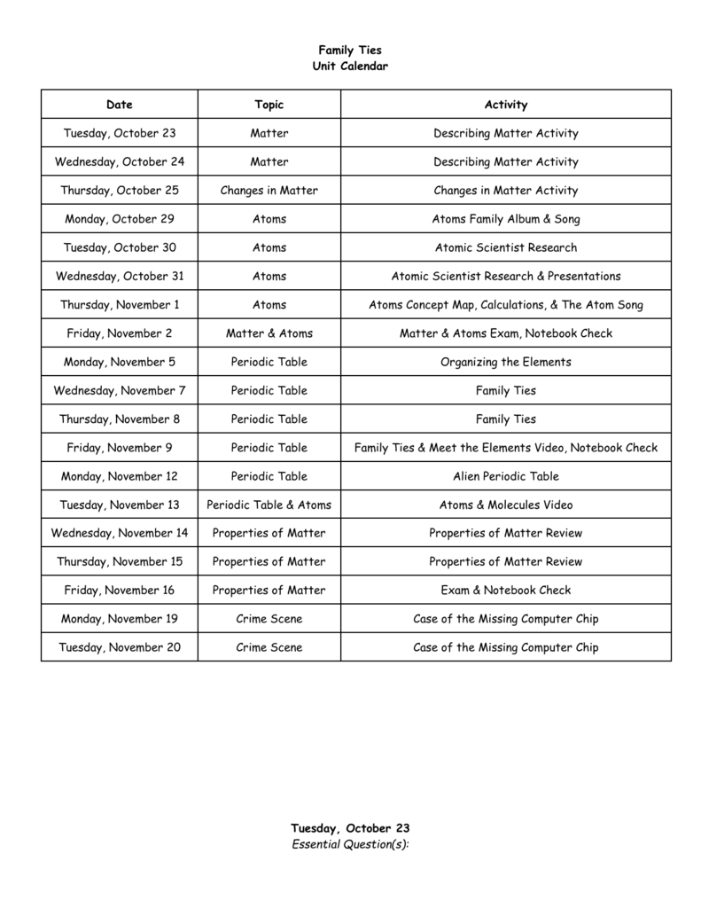 Matter Atoms Periodic Table Unit Calendar Middle School Matter Atoms Periodic Table Unit Calendar Middle School