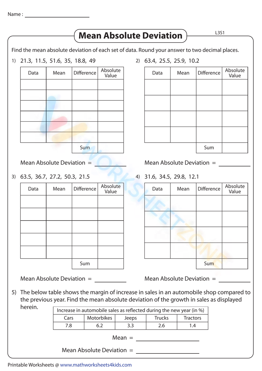 Mean Absolute Deviation Decimal Practice Worksheet