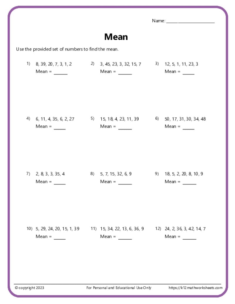 mean mode median range worksheet pdf