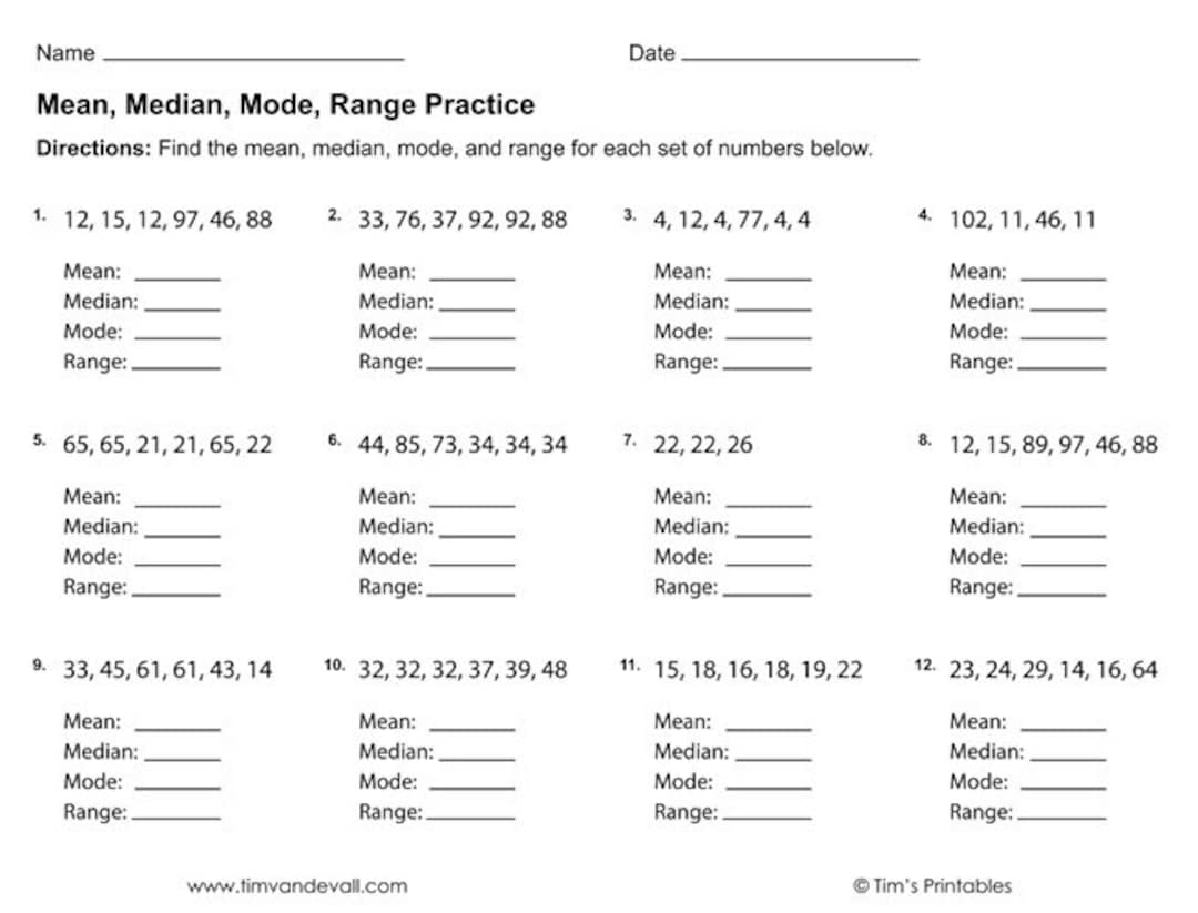 Mean Median Mode Range Worksheets PDF 3 Printable Worksheets Etsy Israel