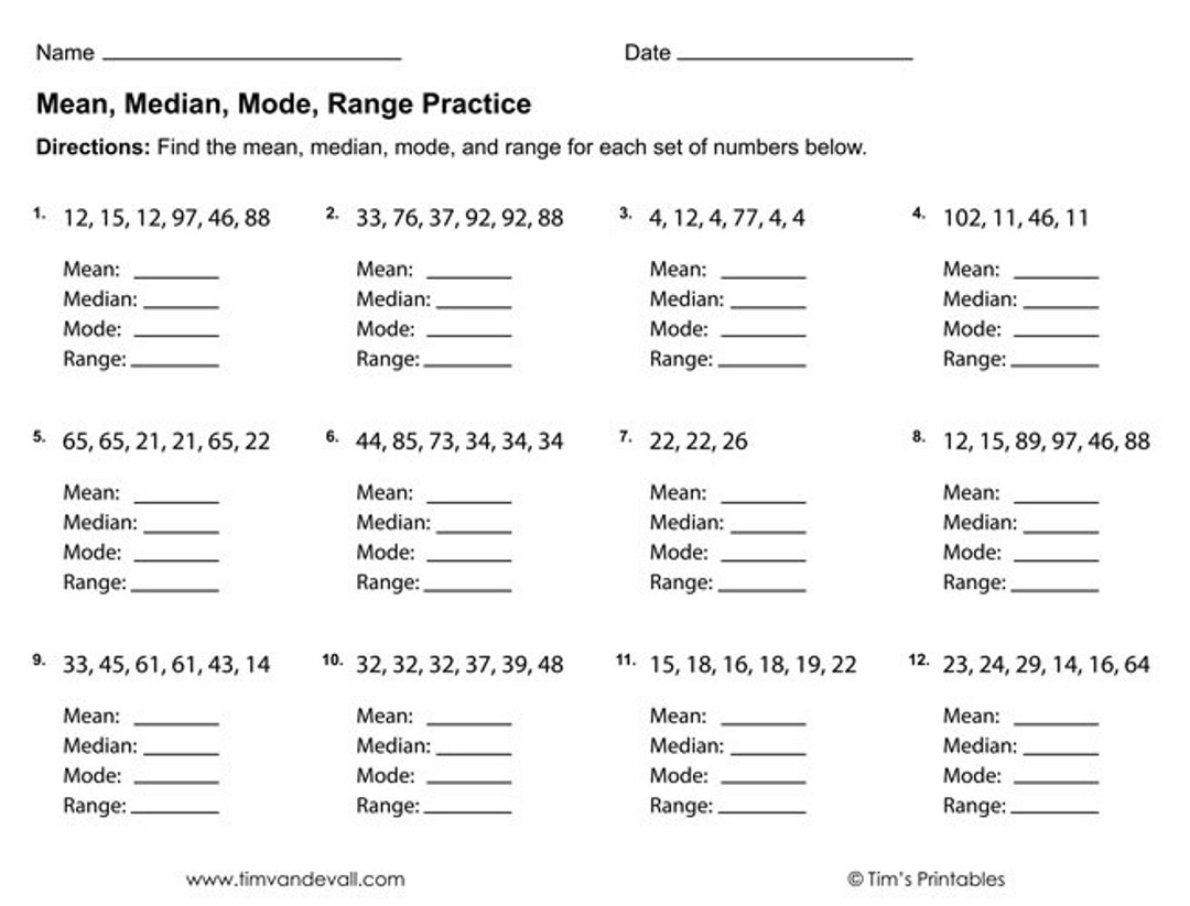 Mean Median Mode Range Worksheets PDF 3 Printable Worksheets Etsy Sweden