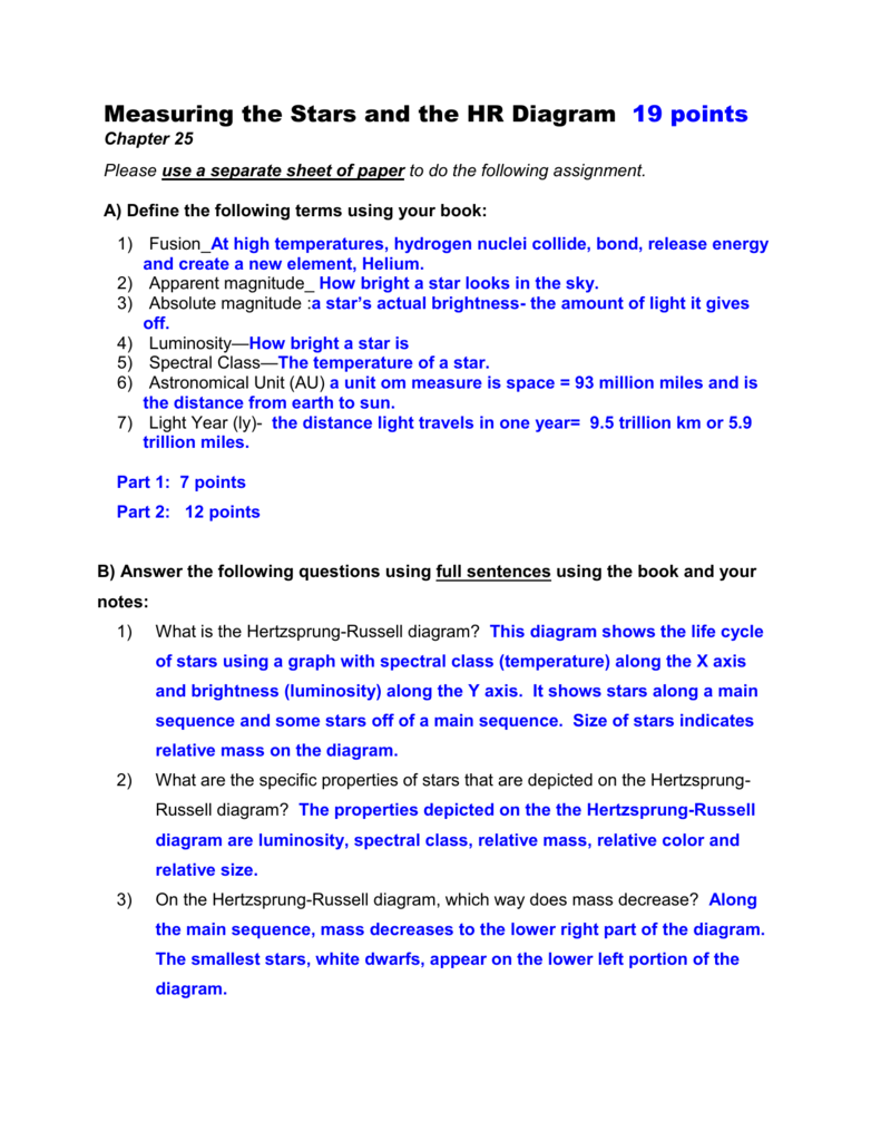 hertzsprung russell diagram worksheet answers