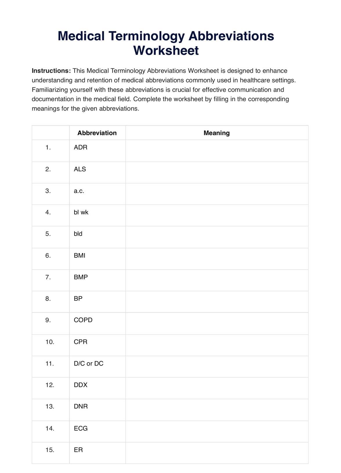 Medical Terminology Abbreviations Worksheet