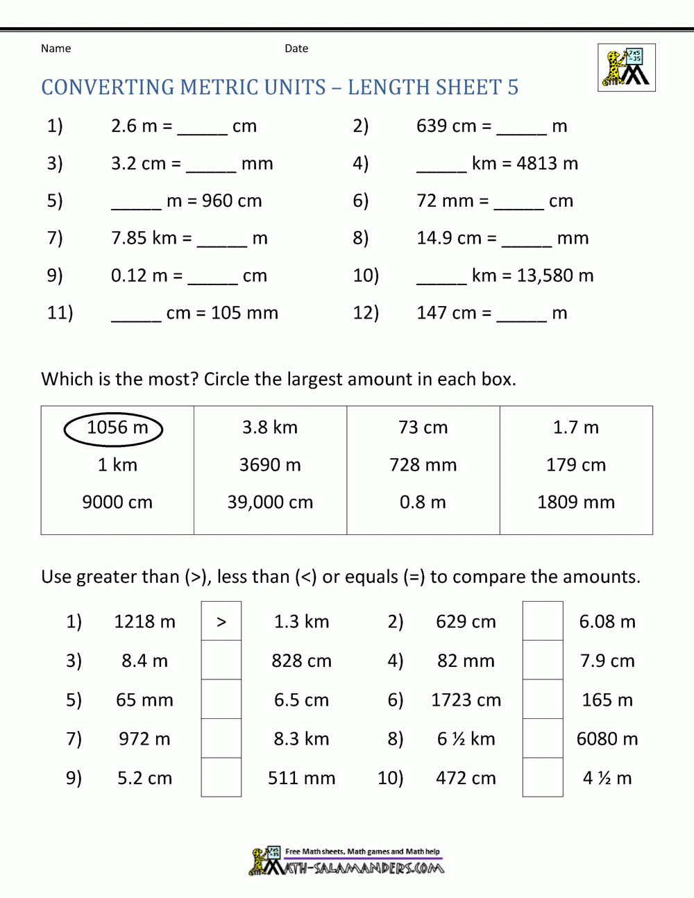 Metric Conversion Worksheet Metric Conversion Worksheet
