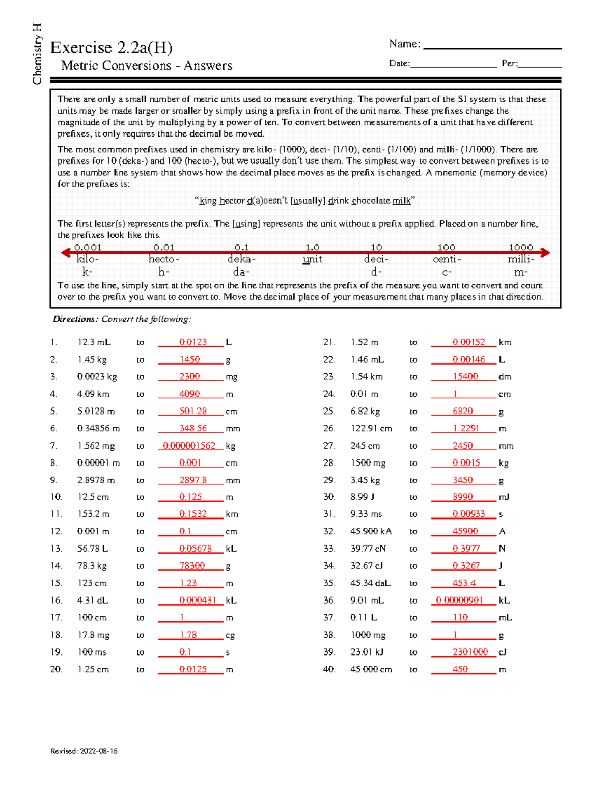 Metric Conversions Corrected Answers For Chemistry H Exercise 2 2a Studocu