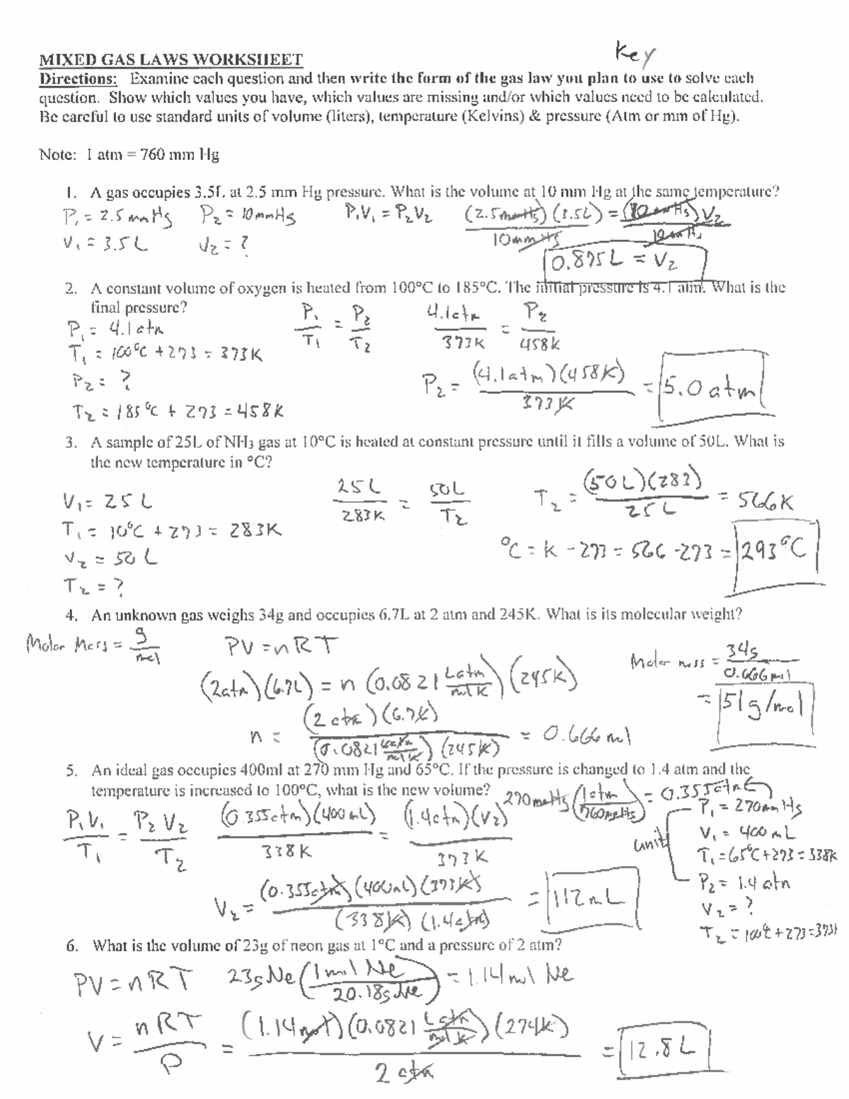 Mixed Gas Laws Worksheet Key Detailed Problem Solutions Studocu