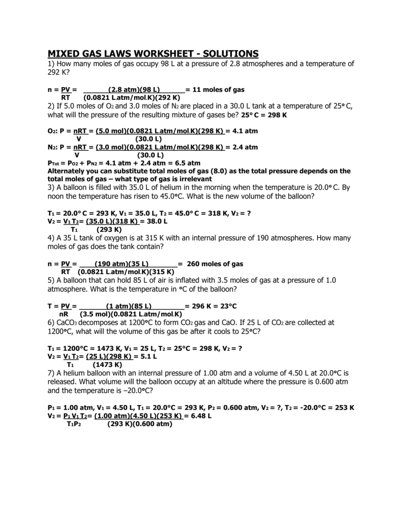 Mixed Gas Laws Worksheet With Solutions Mixed Gas Laws Worksheet With Solutions