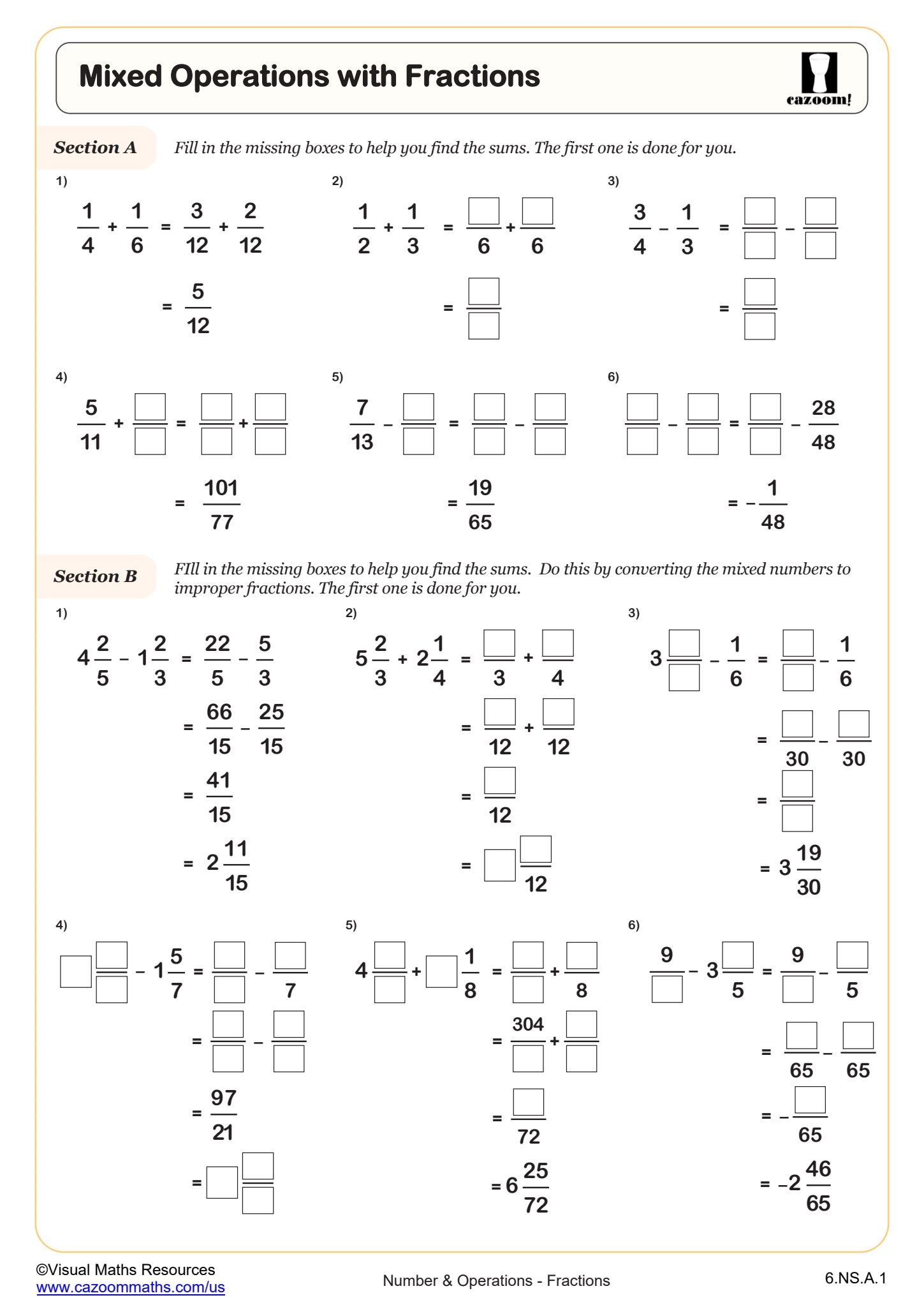 Mixed Operations With Fractions Worksheet Fun And Engaging 6th Grade PDF Worksheets Cazoom Math