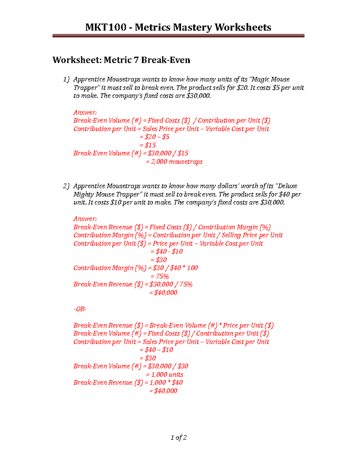 MKT100 Worksheets On Break Even Analysis Solutions Studocu MKT100 Worksheets On Break Even Analysis Solutions Studocu