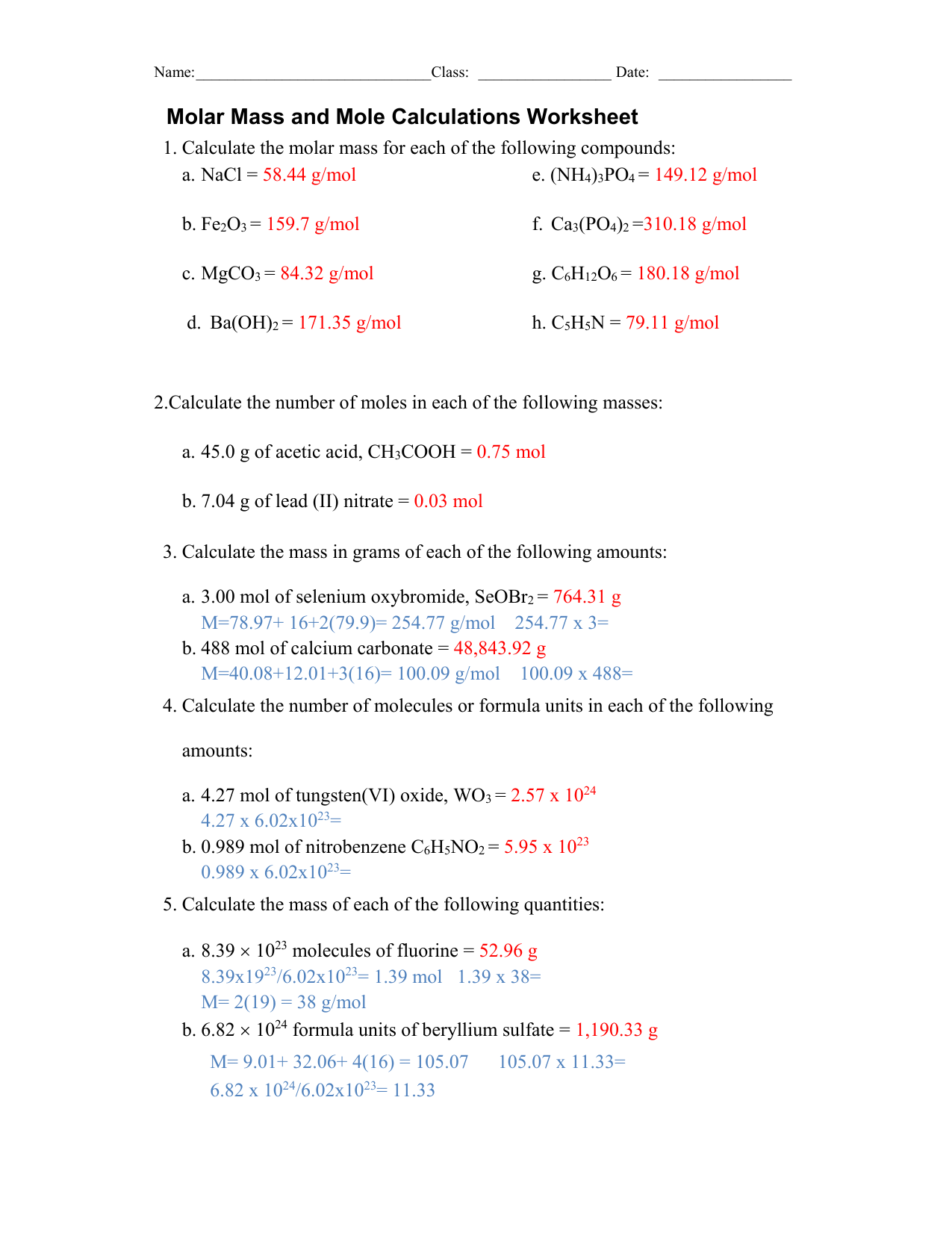 Molar Mass Mole Calculations Worksheet Molar Mass Mole Calculations Worksheet