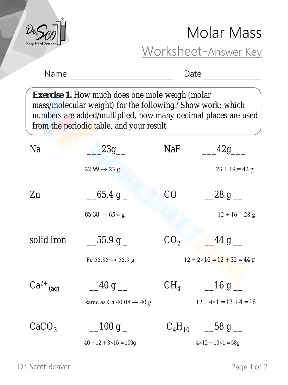 Molar Mass Worksheets Molar Mass Worksheets