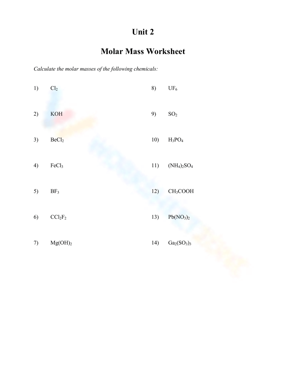 Molar Mass Worksheets Molar Mass Worksheets