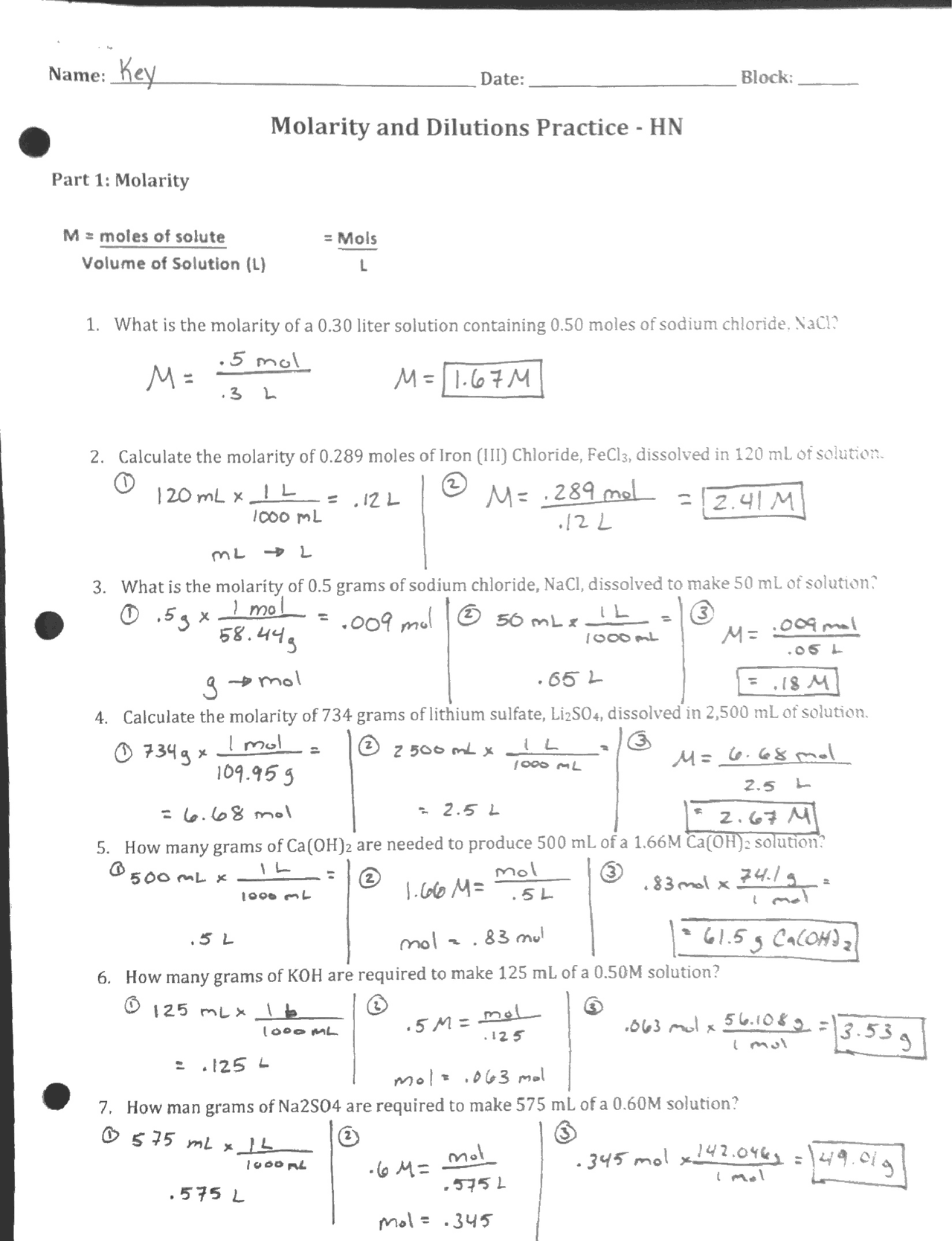 Molarity And Dilutions Practice Worksheet Key Exercises Chemistry Docsity