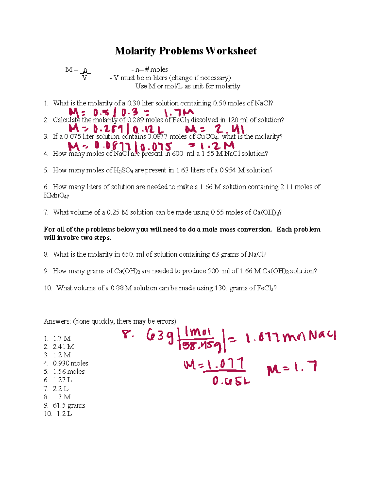 Molarity Dilution Practice Problems CHEM 101 Worksheets Studocu Molarity Dilution Practice Problems CHEM 101 Worksheets Studocu