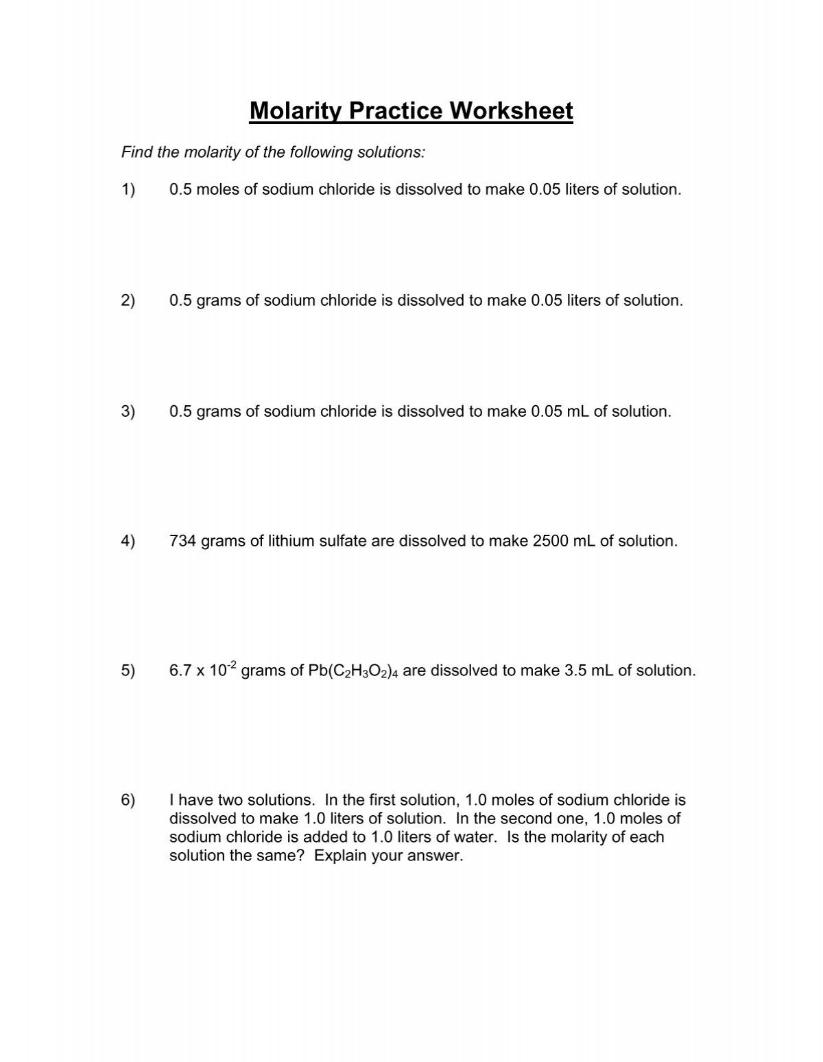 molarity worksheet answers molarity worksheet answers