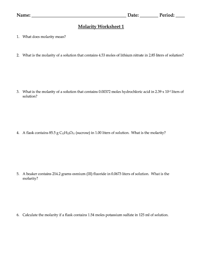 Molarity Worksheet 1 Fill Out Sign Online DocHub