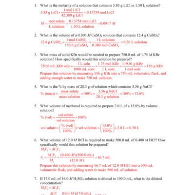 Molarity Worksheet Chemistry Calculations Solutions