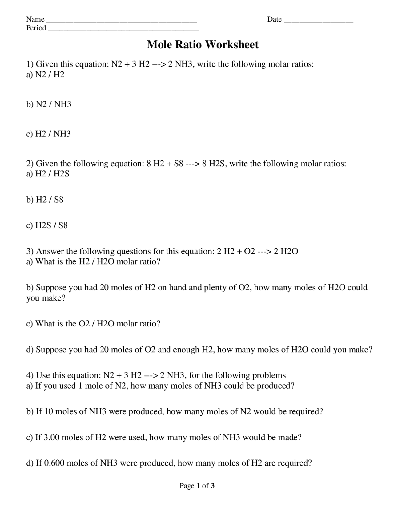 Mole Ratio Worksheet Lecture Notes Chemistry Docsity