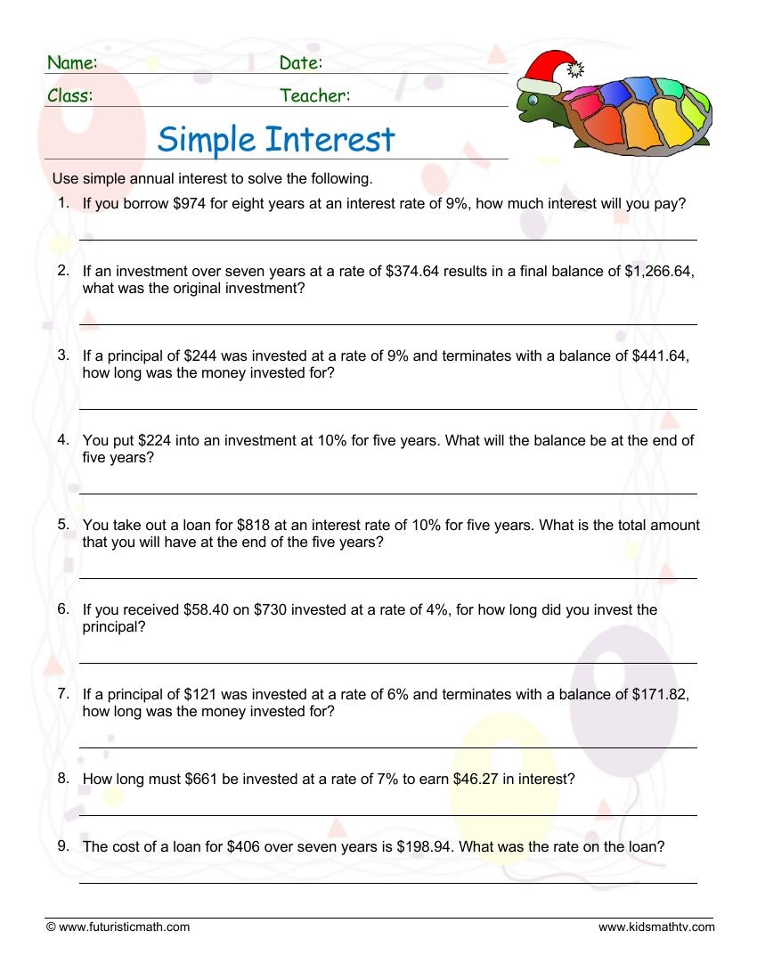 simple interest worksheets with answers pdf