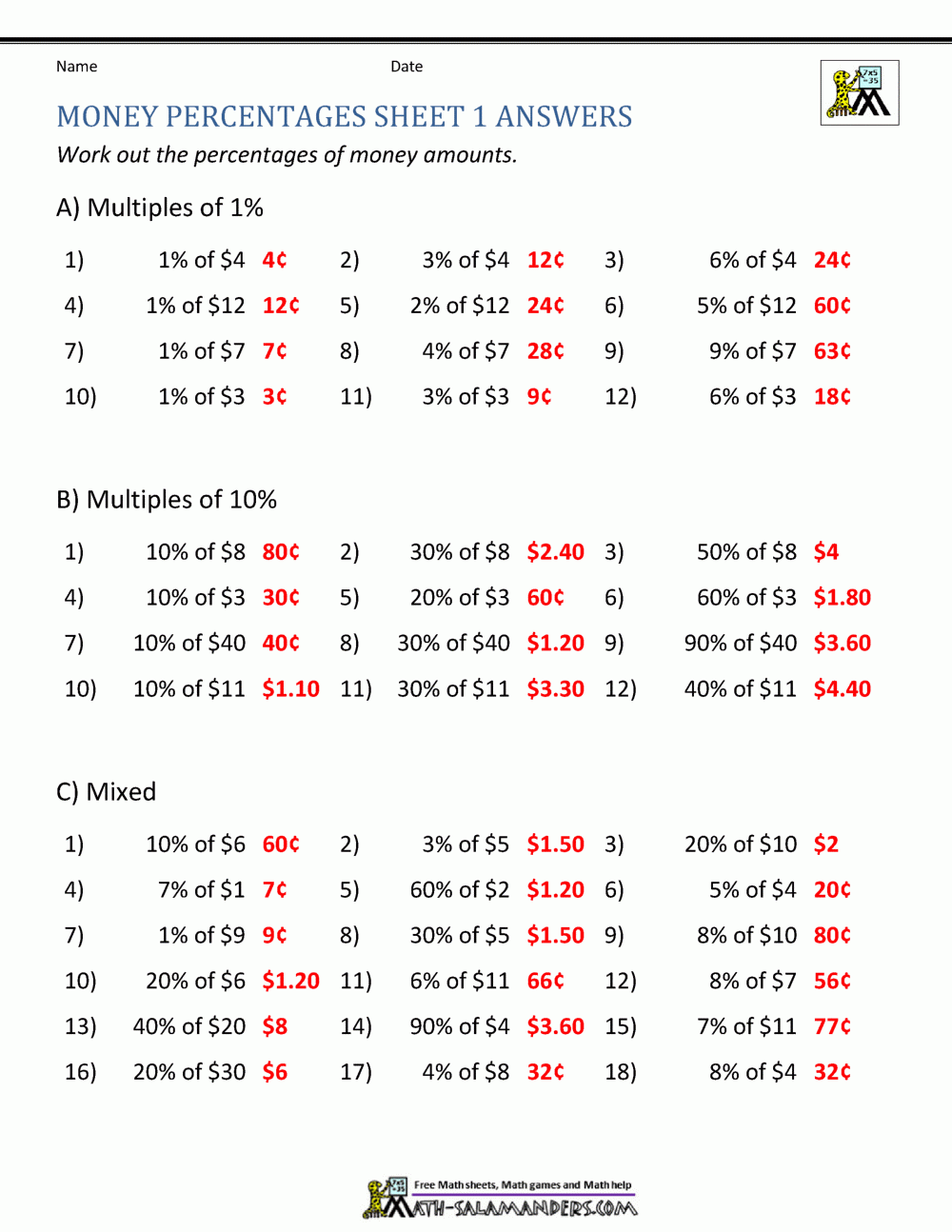 percent of a number worksheet pdf