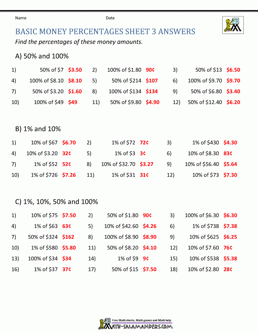 Money Percentage Worksheets Money Percentage Worksheets