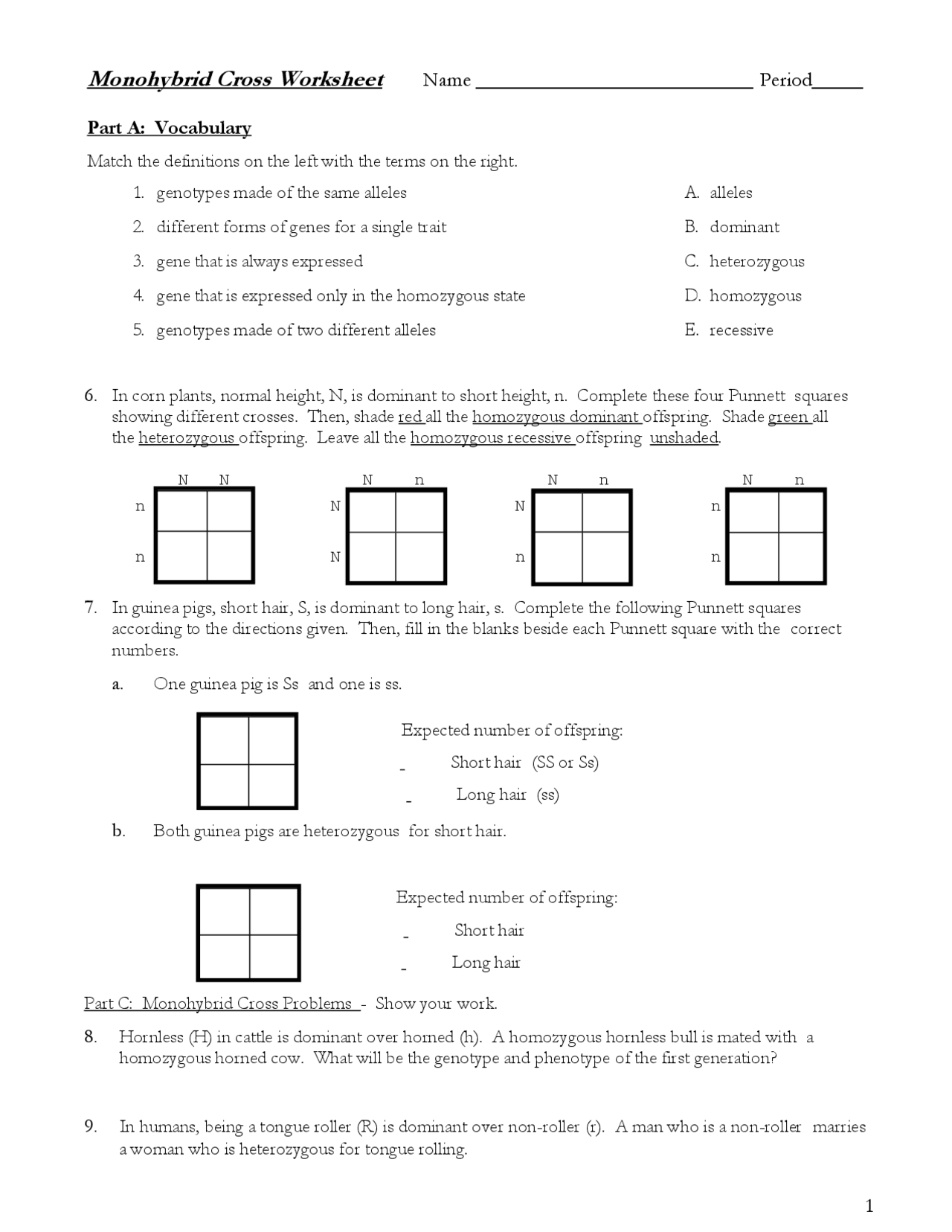 Monohybrid Cross Worksheet Slides Genetics Docsity