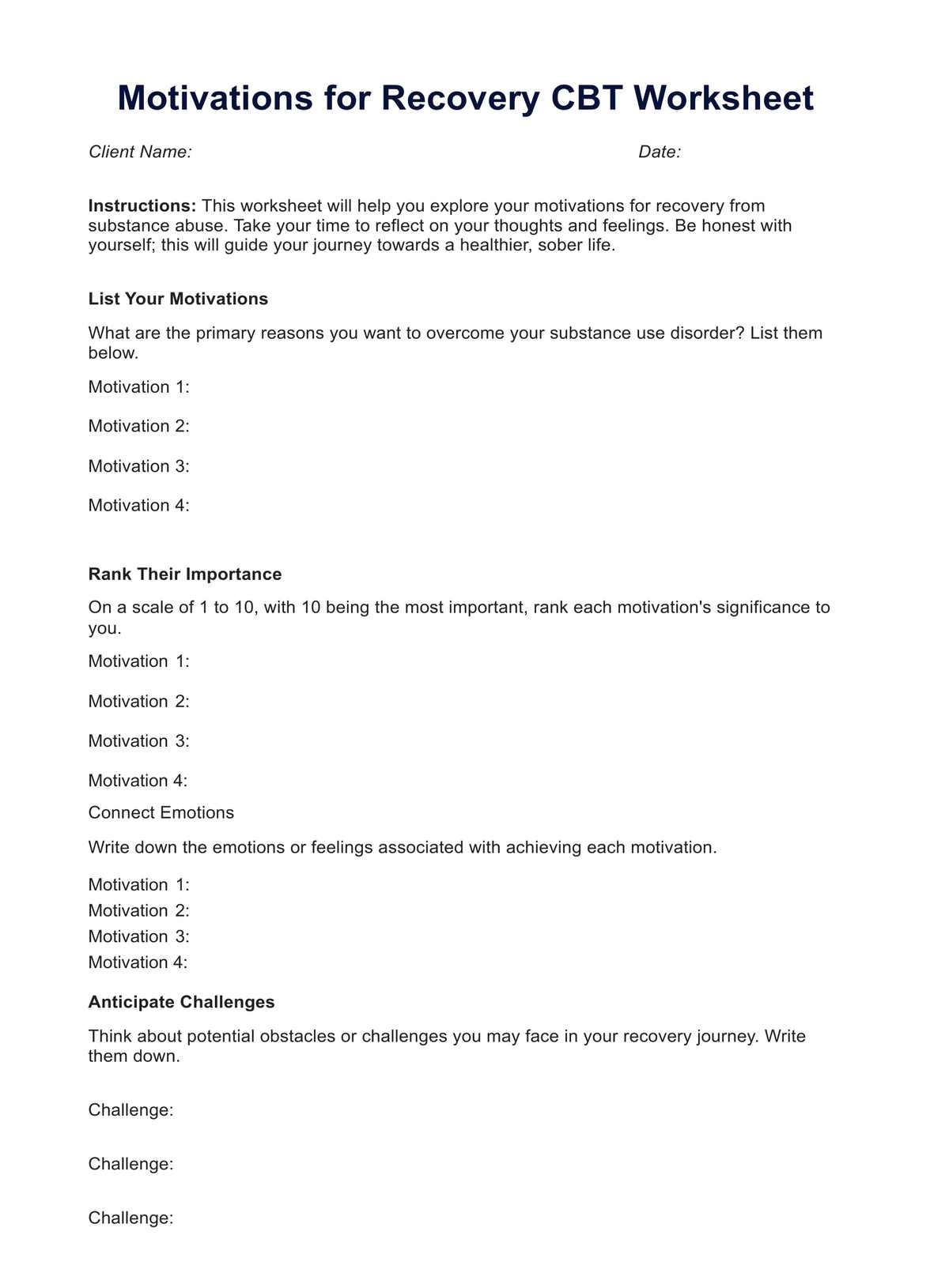 Motivations For Recovery CBT Worksheet