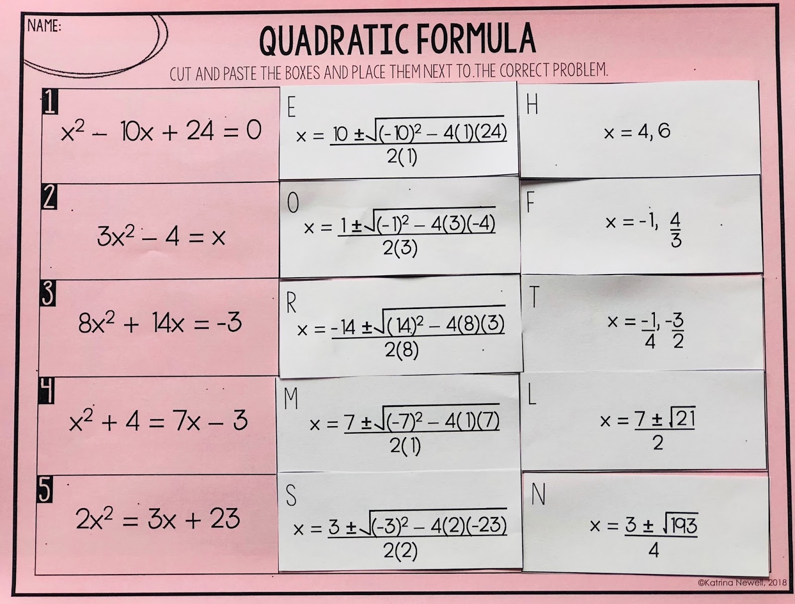 Mrs Newell s Math Quadratic Formula Activity Mrs Newell s Math Quadratic Formula Activity