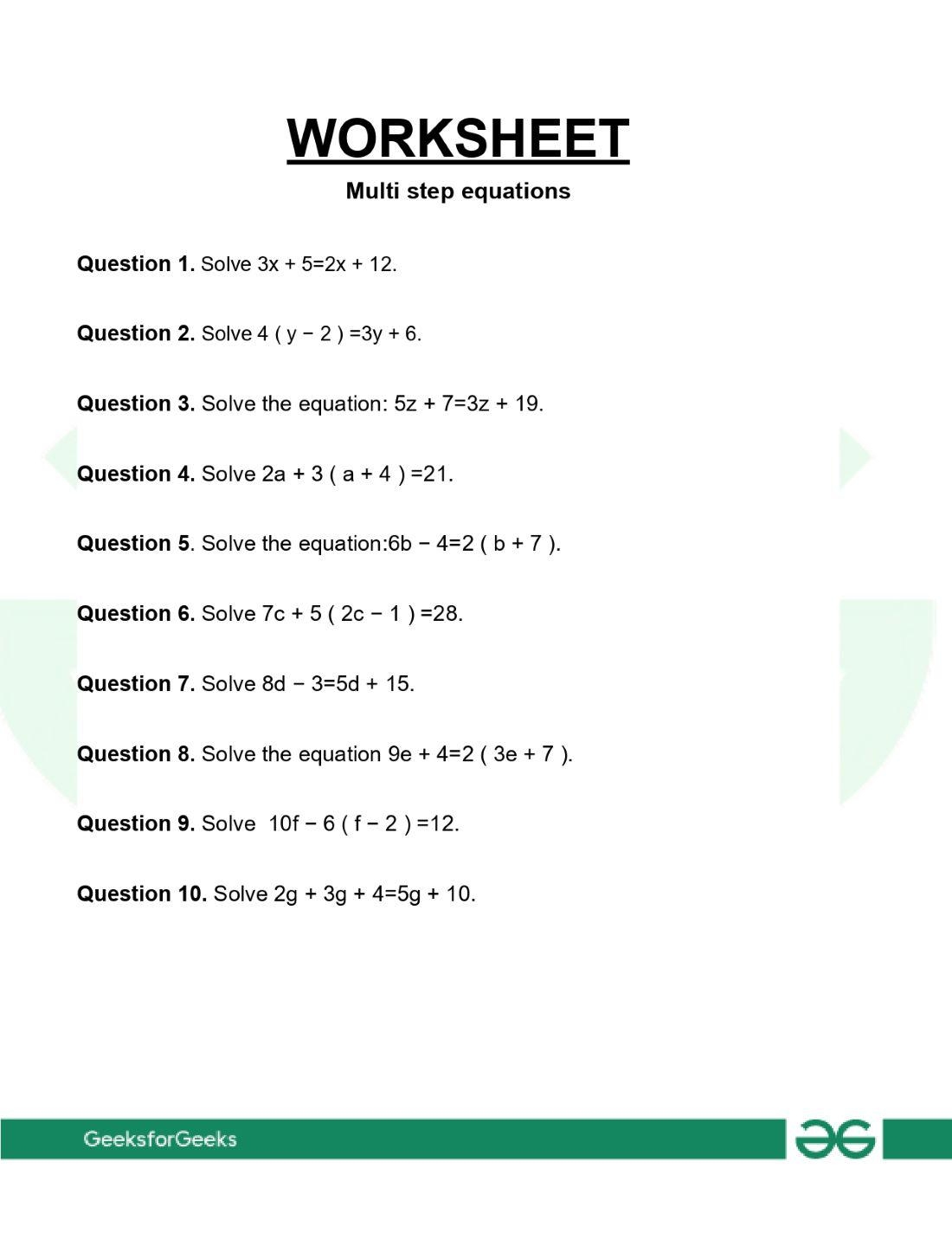 Multi Step Equations Worksheet GeeksforGeeks Multi Step Equations Worksheet GeeksforGeeks