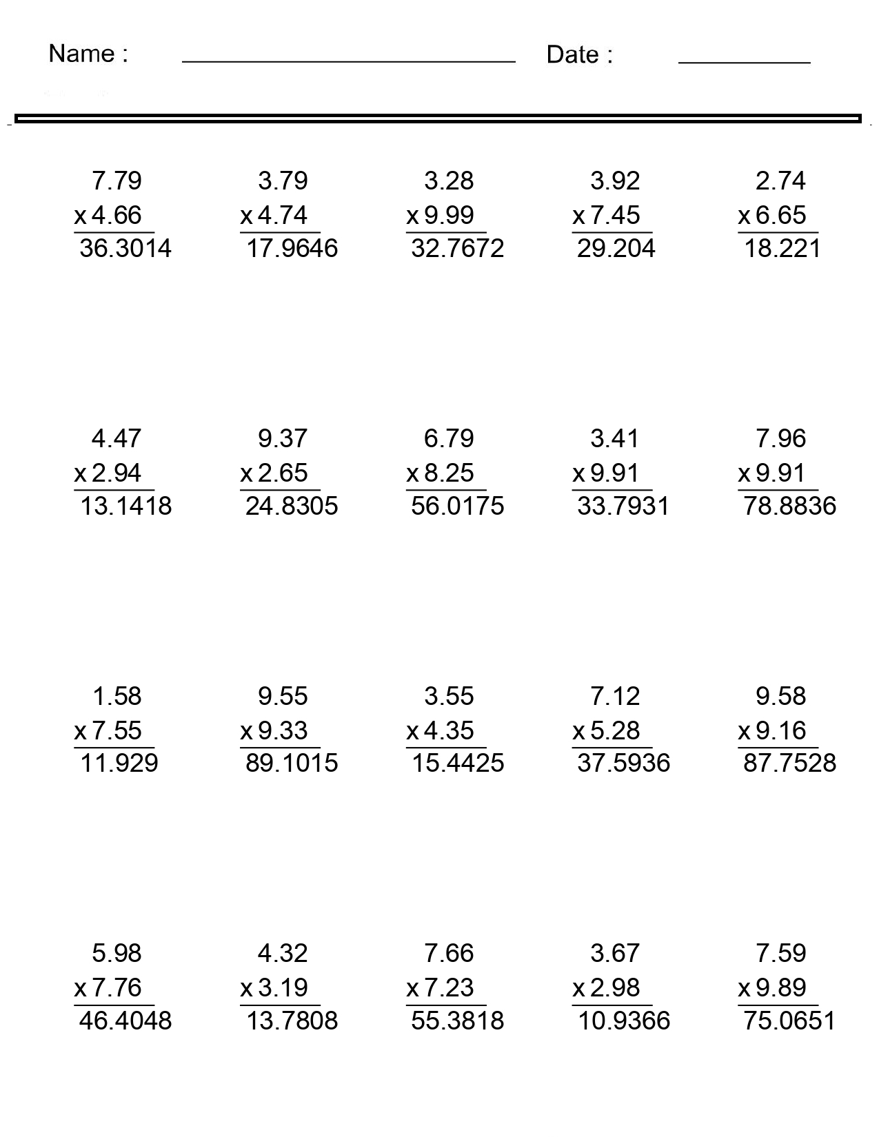 decimal multiplication worksheet with answers decimal multiplication worksheet with answers