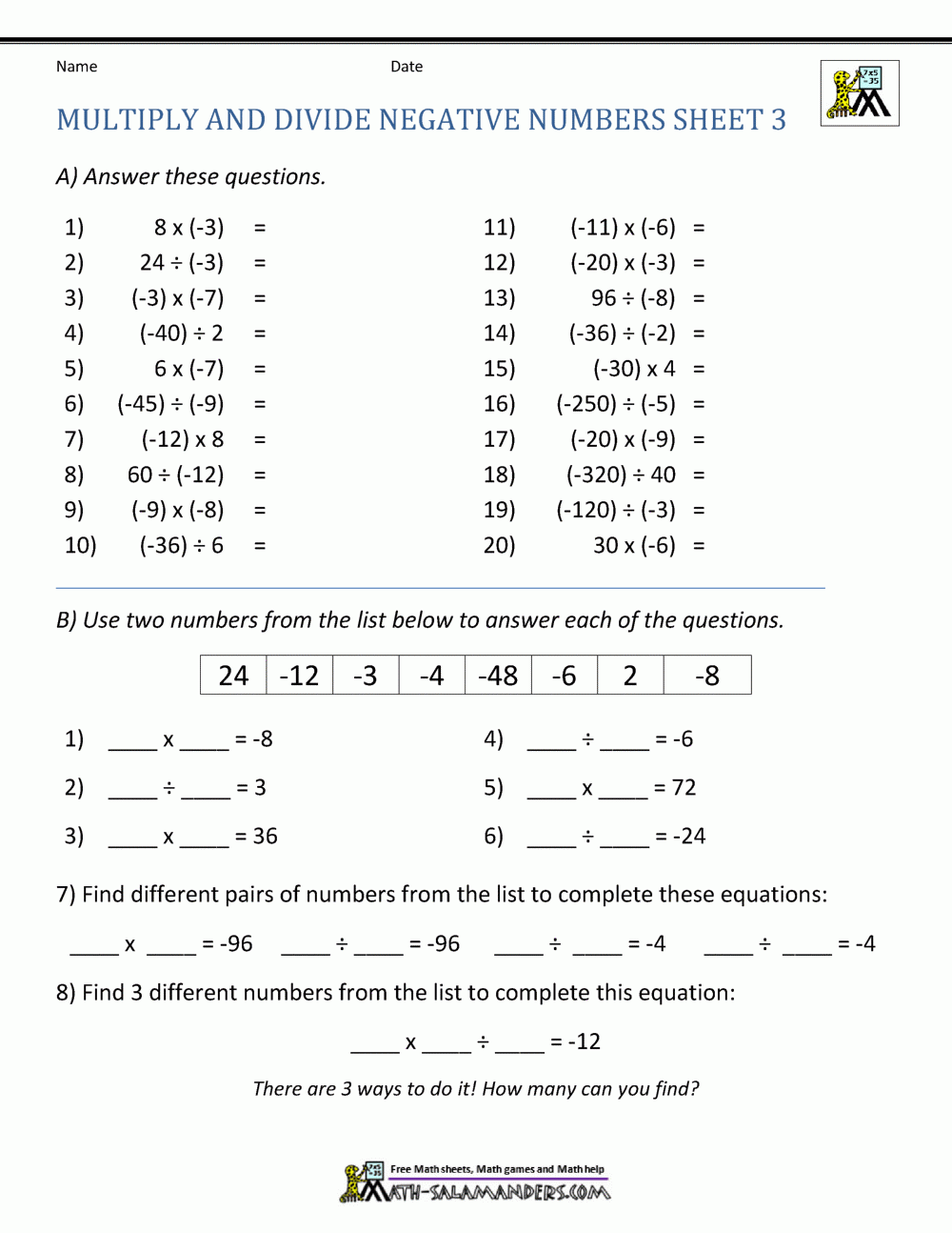 Multiply And Divide Negative Numbers