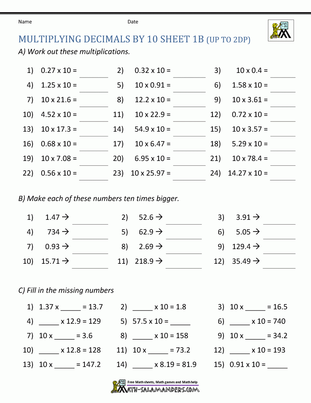 Multiplying Decimals By 10 100