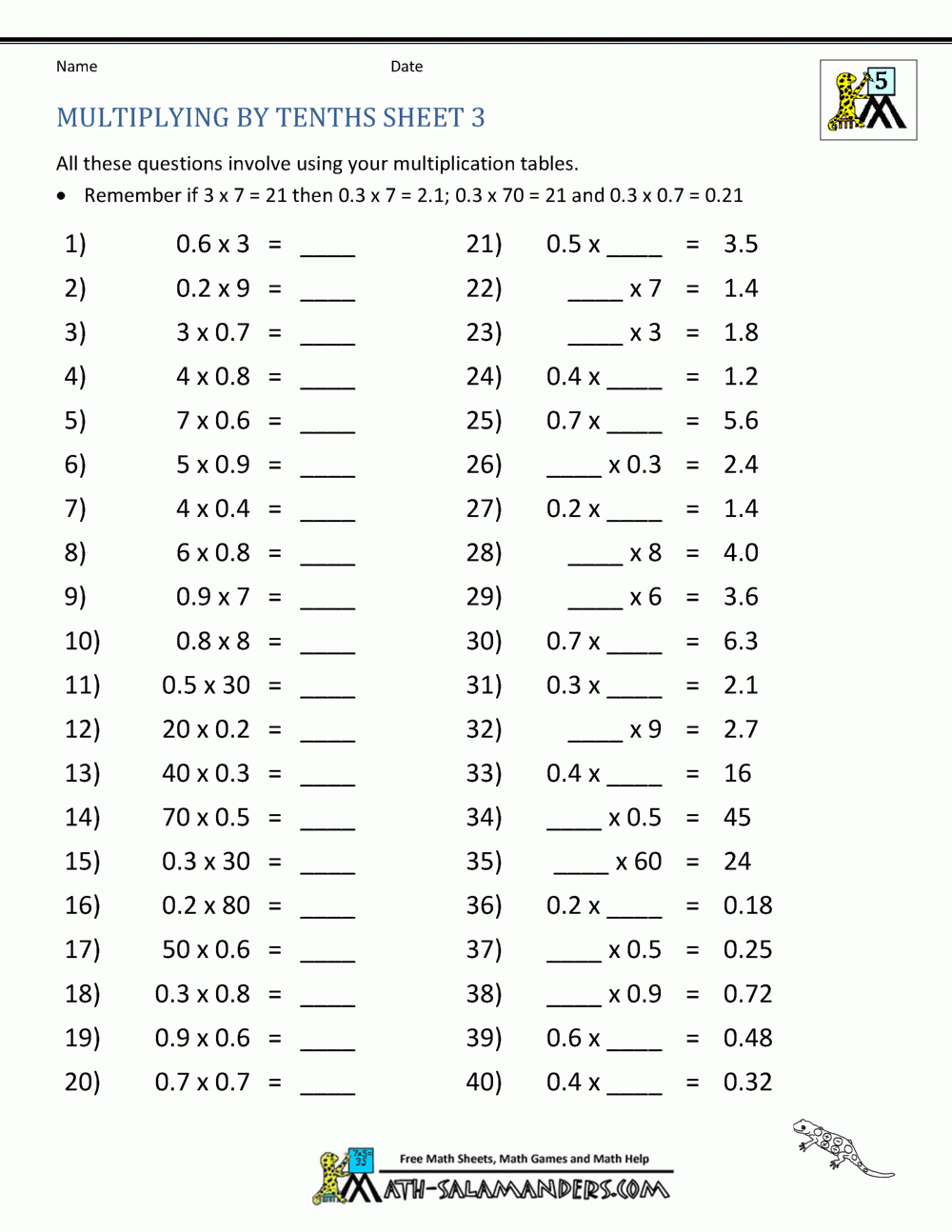 multiplication of decimals worksheets with answers