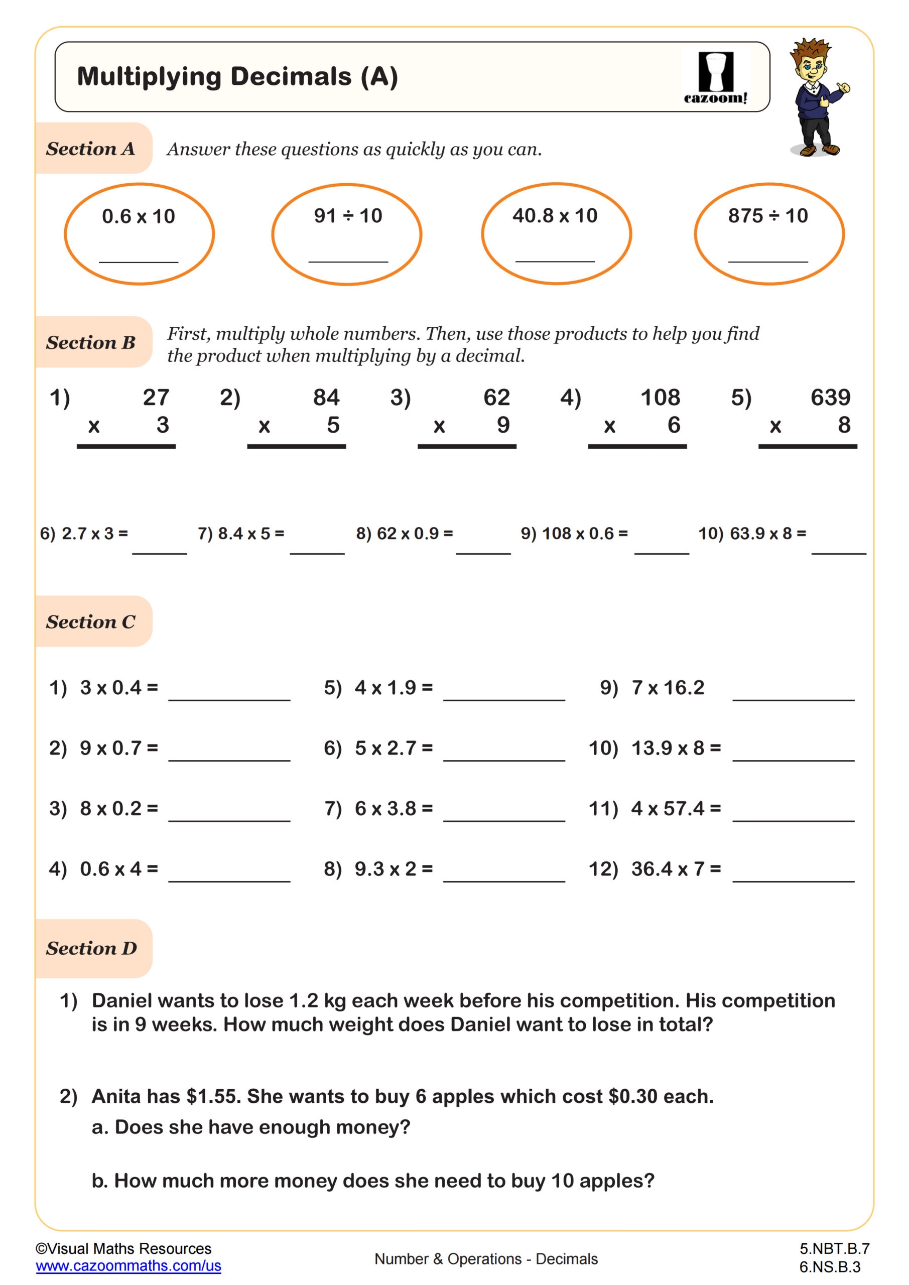 Multiplying Decimals Worksheet PDF Printable Number Operations Worksheet Cazoom Math