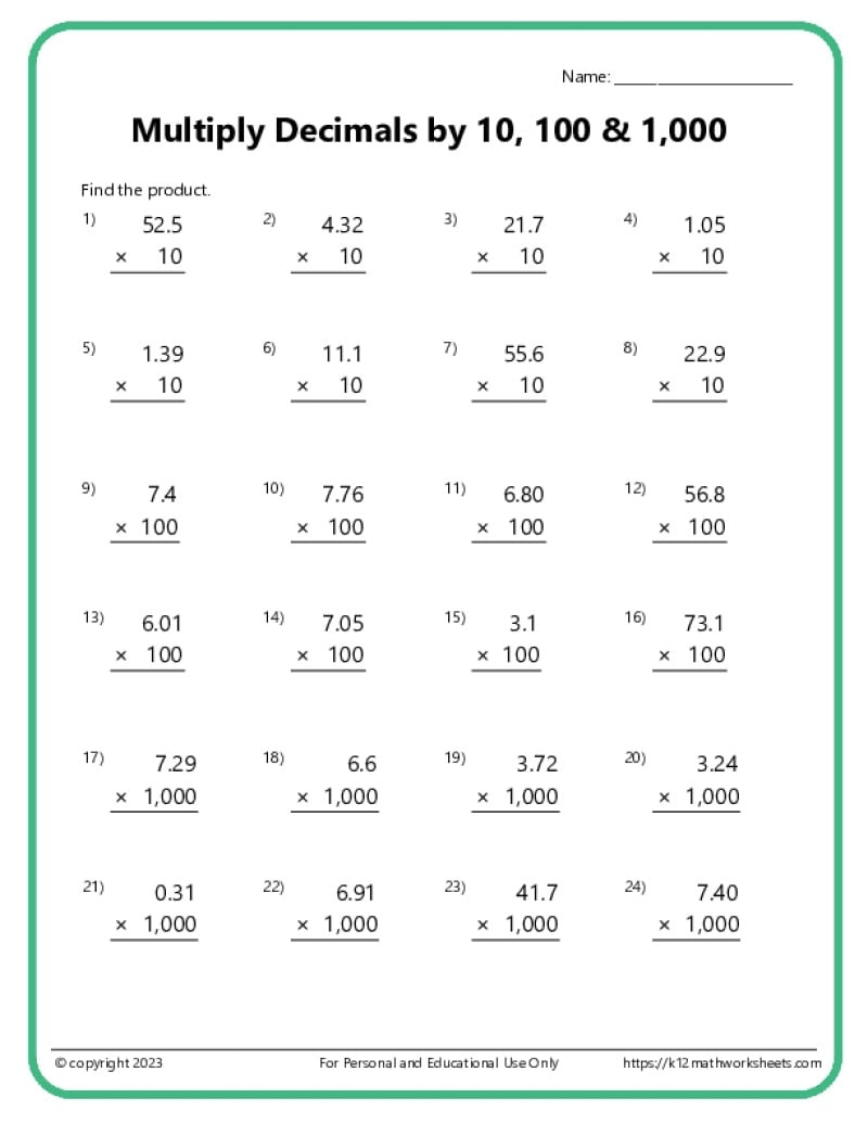 Multiplying Decimals Worksheets