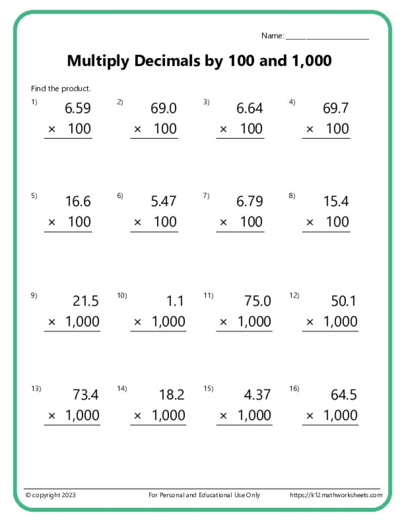 Multiplying Decimals Worksheets