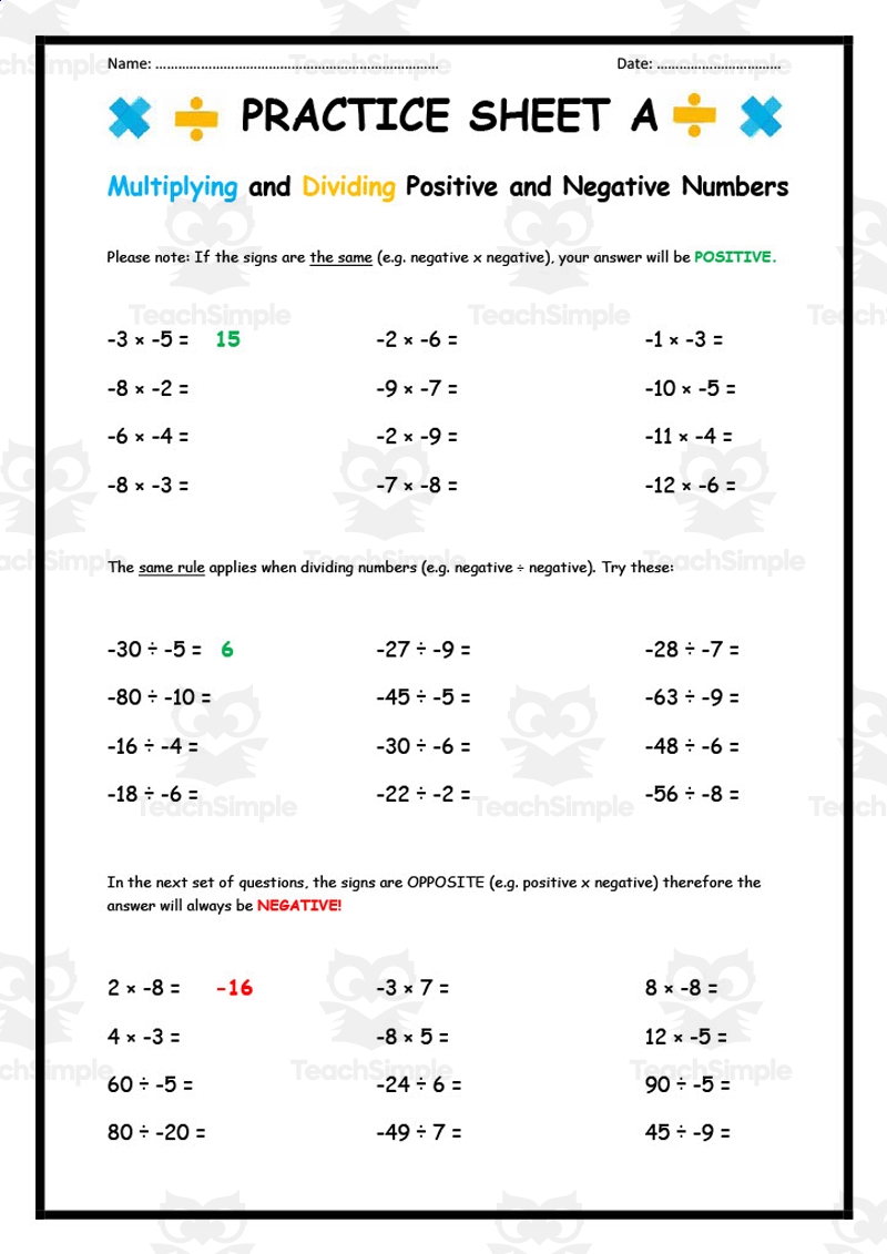 Multiplying Dividing Positive And Negative Numbers Practice Sheet A By Teach Simple