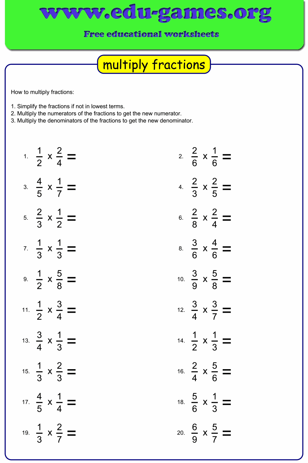 Multiplying Fractions By Fractions Worksheets Free Printable PDFs Edu Games Multiplying Fractions By Fractions Worksheets Free Printable PDFs Edu Games