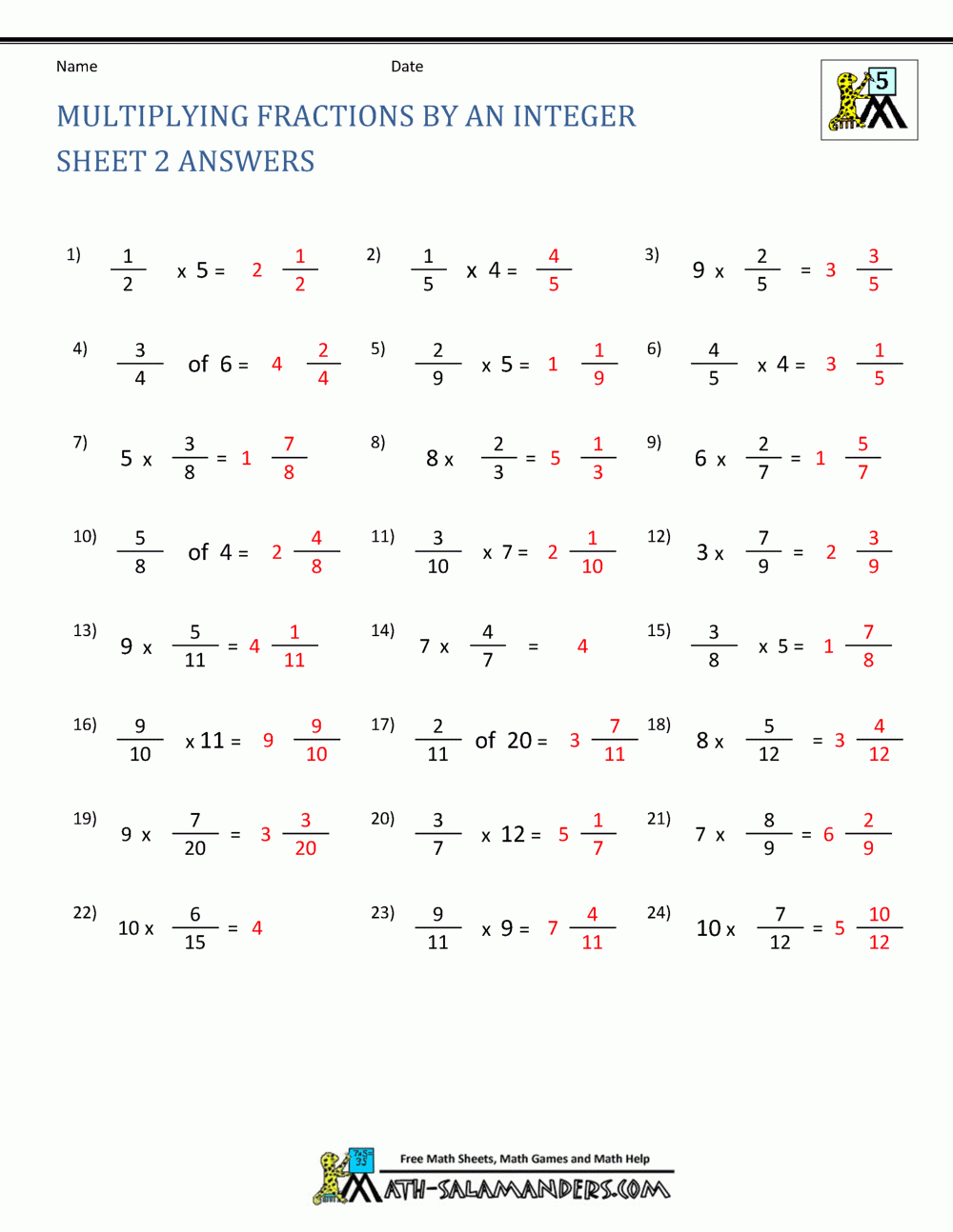 Multiplying Fractions Worksheet