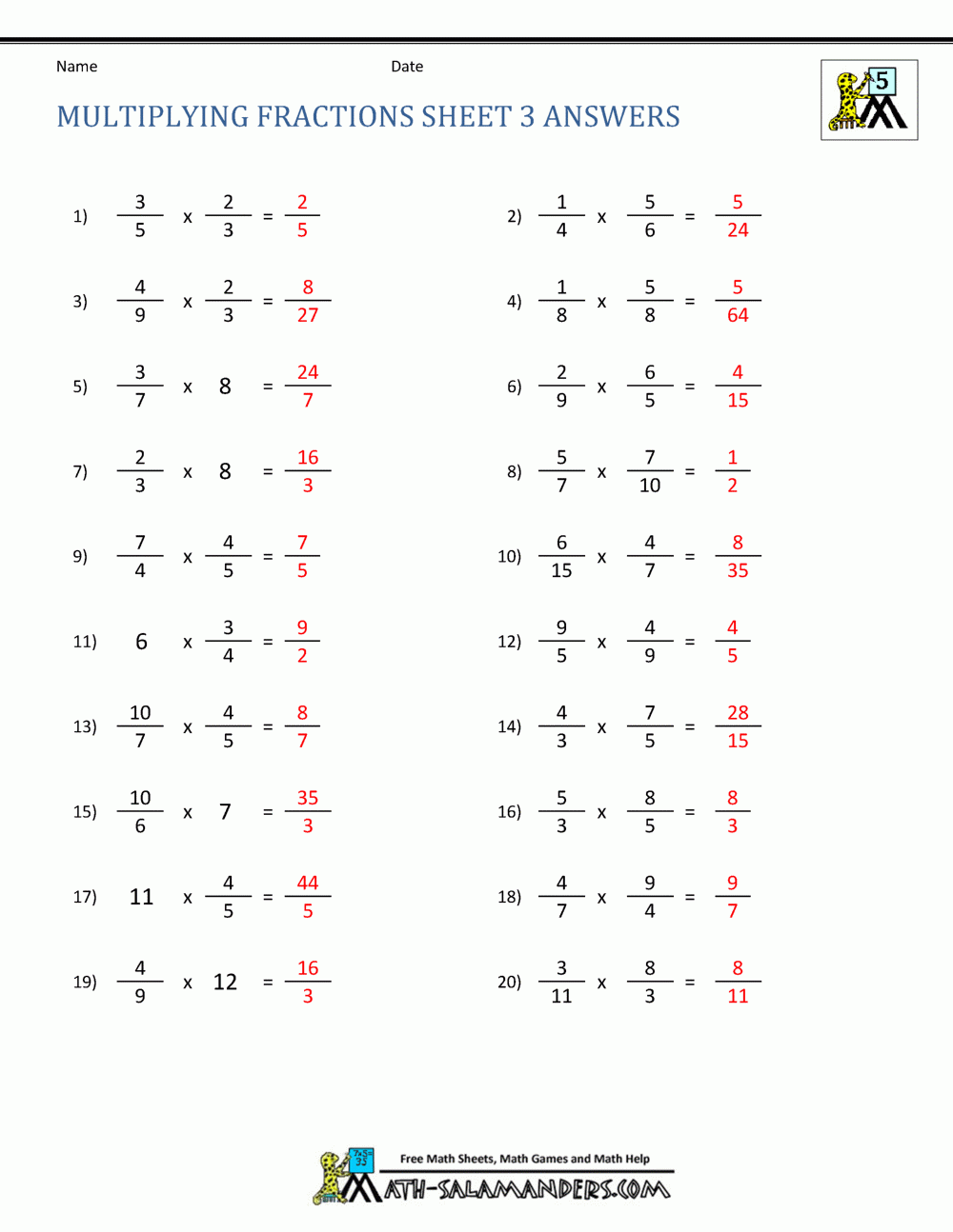 Multiplying Fractions Worksheet
