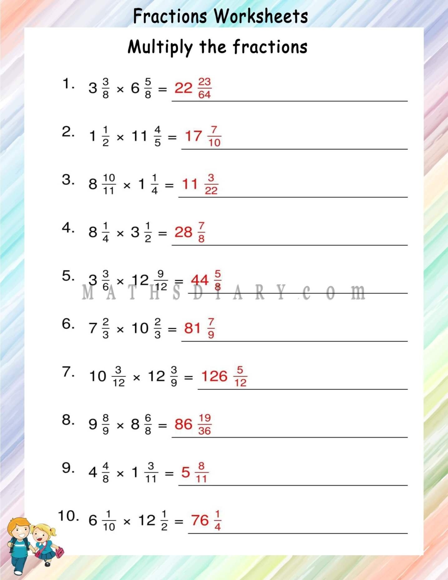 multiplying fractions worksheets answers